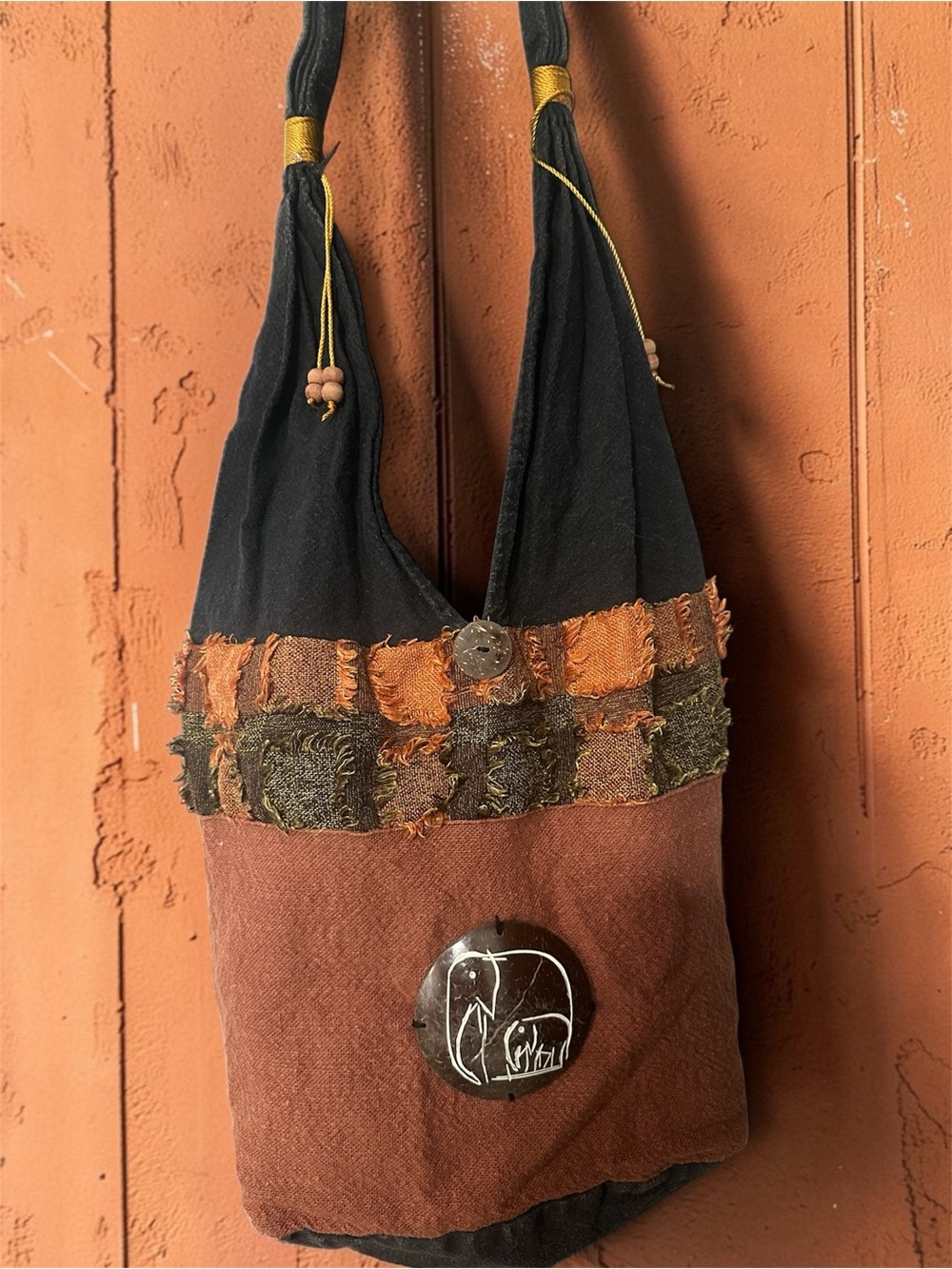 Handcrafted Rustic Brown & Black Patchwork Shoulder Bag